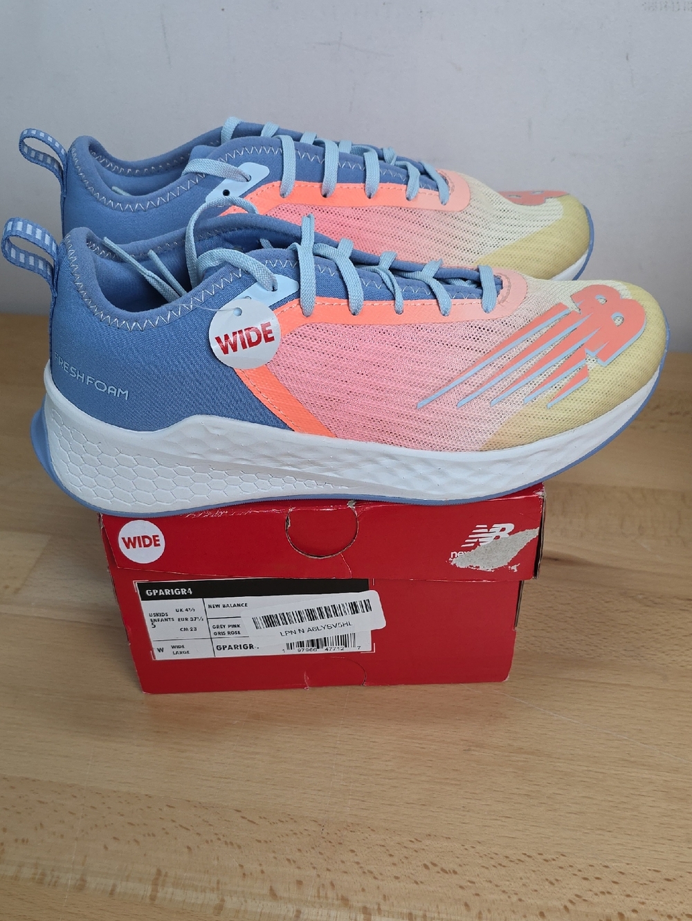 Fresh Foam New Balance Running Shoes in Blue/Pink/Yellow Kids 5